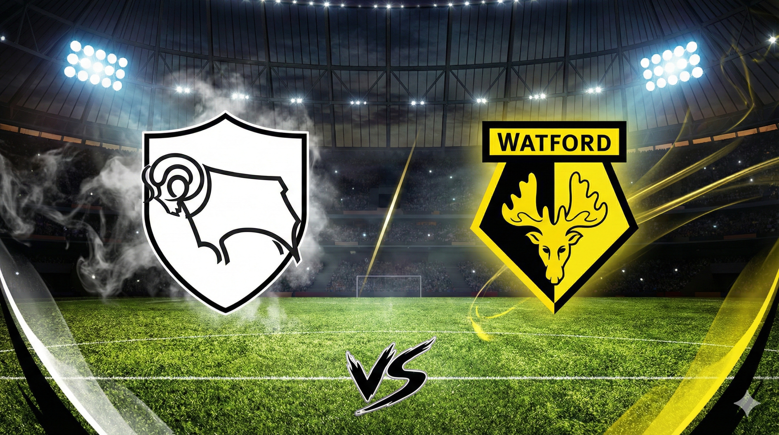 一张设计精美的英冠联赛（EFL Championship）比赛前瞻海报。背景设定在宏大的普莱德公园球场（Pride Park Stadium），灯光聚焦在绿茵场上。画面中央醒目地展示德比郡（Derby County，公羊标志）和沃特福德（Watford，雄鹿/黄蜂元素）的队徽，呈对决姿态。左侧主色调为德比郡的黑白，右侧为沃特福德的鲜黄与黑。设计风格需体现竞技体育的激烈感，并隐喻德比郡近期五连胜的强劲势头。