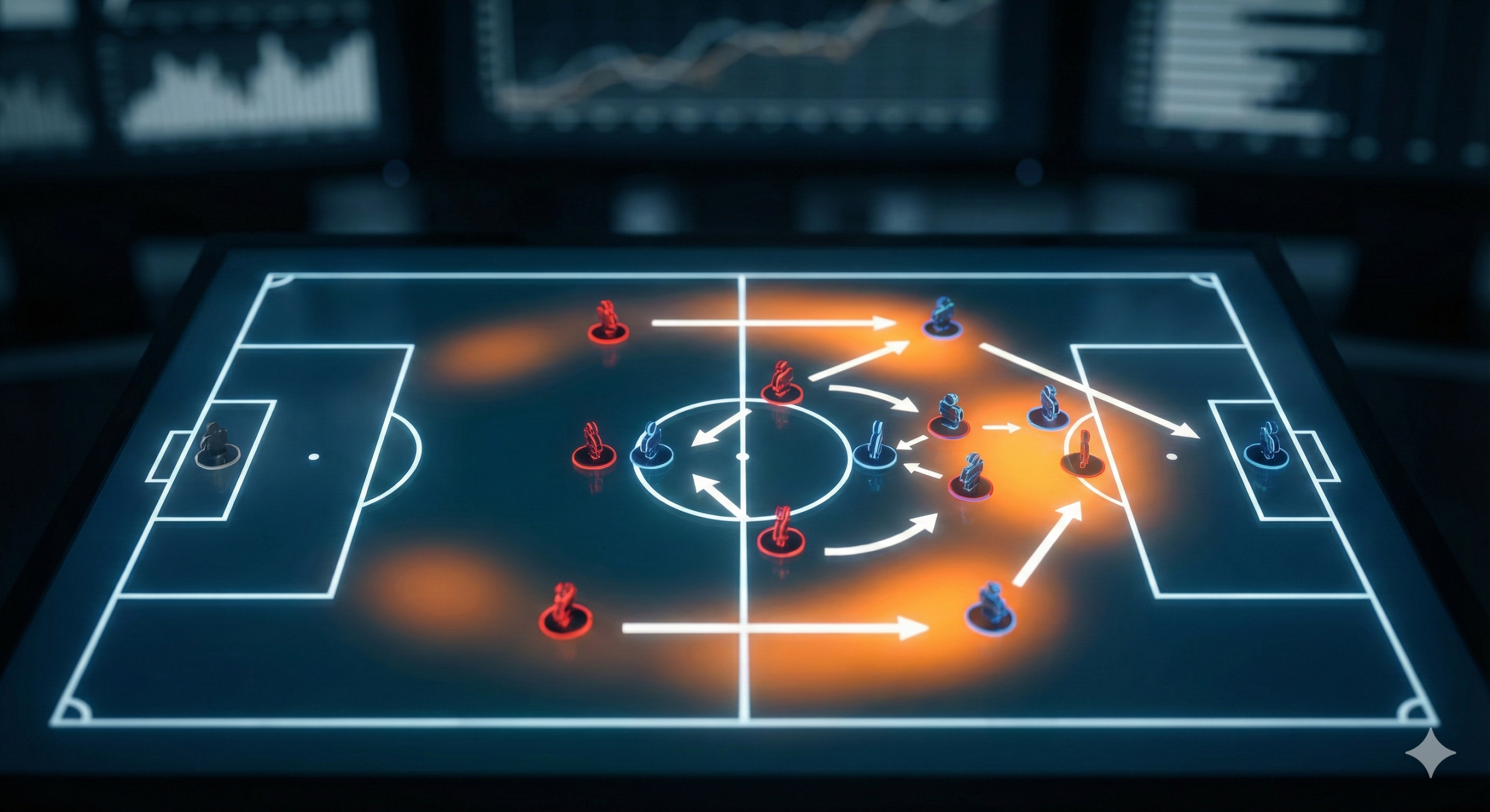 这张配图用于文章中间，辅助展示对10场比赛的深度分析和预测。画面风格偏向专业的数据分析或战术视角，构图中心为一个现代化的足球战术板或绿茵场俯视视角，上面绘制着白色的战术跑位线条、橙色的进攻热点图以及代表对阵双方的抽象符号（如红蓝对抗）。背景虚化处理，聚焦于球场中圈或关键战术区域。光线明亮清晰，色彩以草地绿、白色线条和醒目的数据高亮色为主，体现出“深度分析”和“比分预测”的专业性，帮助读者在视觉上理解比赛的策略层面。