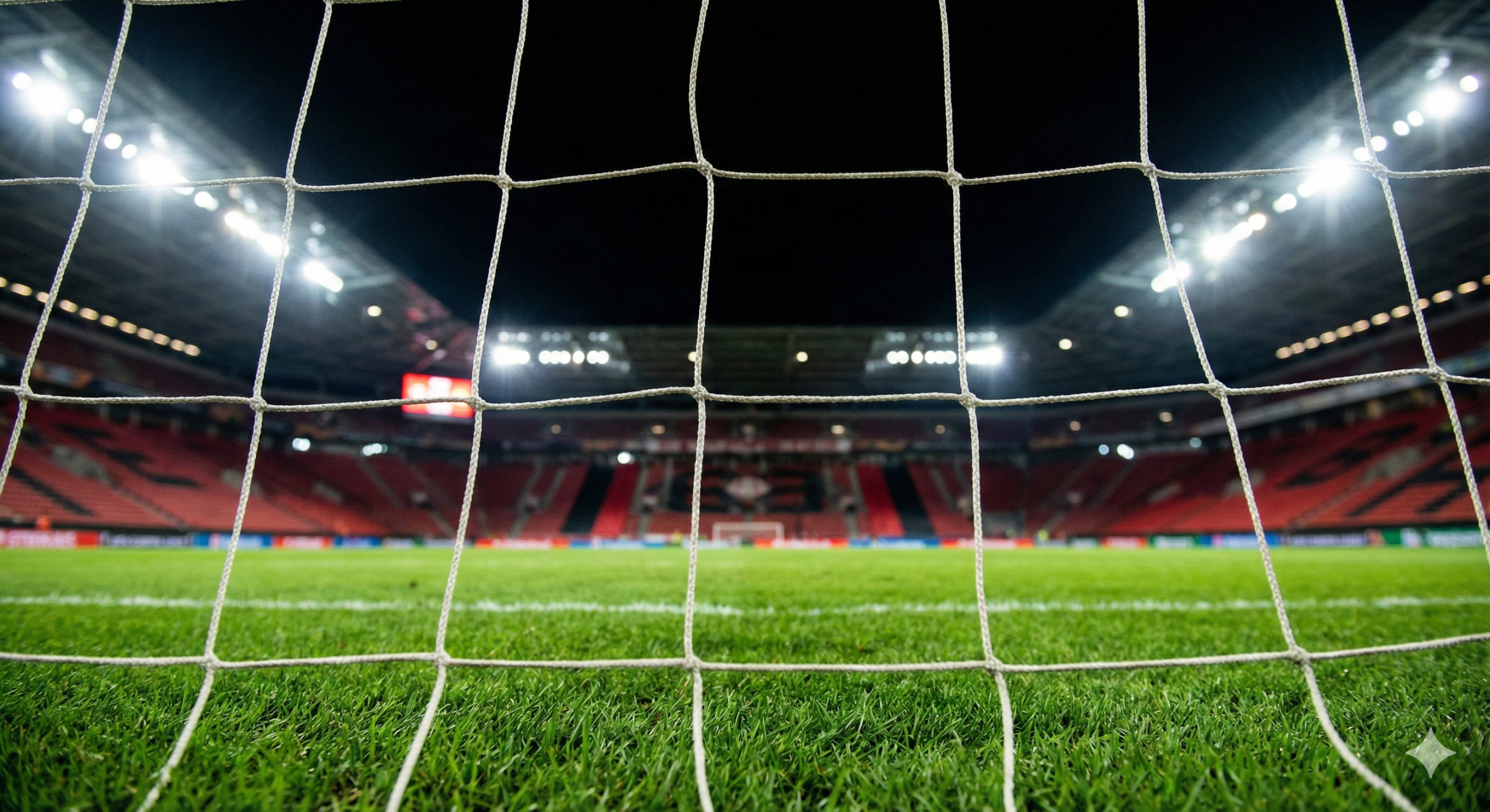 一张充满氛围感的足球场内景图，视角从球门网后方看向球场，旨在呼应文章中“大球（Over 2.5）”的预测。画面前景清晰展示了球门网的纹理和翠绿的草皮，背景是灯火通明的球场和模糊的观众席，由于是伯恩茅斯主场，看台色调以红黑色为主。光线明亮，模拟英超晚场比赛的聚光灯效果，营造出紧张激烈的比赛氛围。图片风格为高清摄影写实风，强调比赛的临场感和进球的期待感。