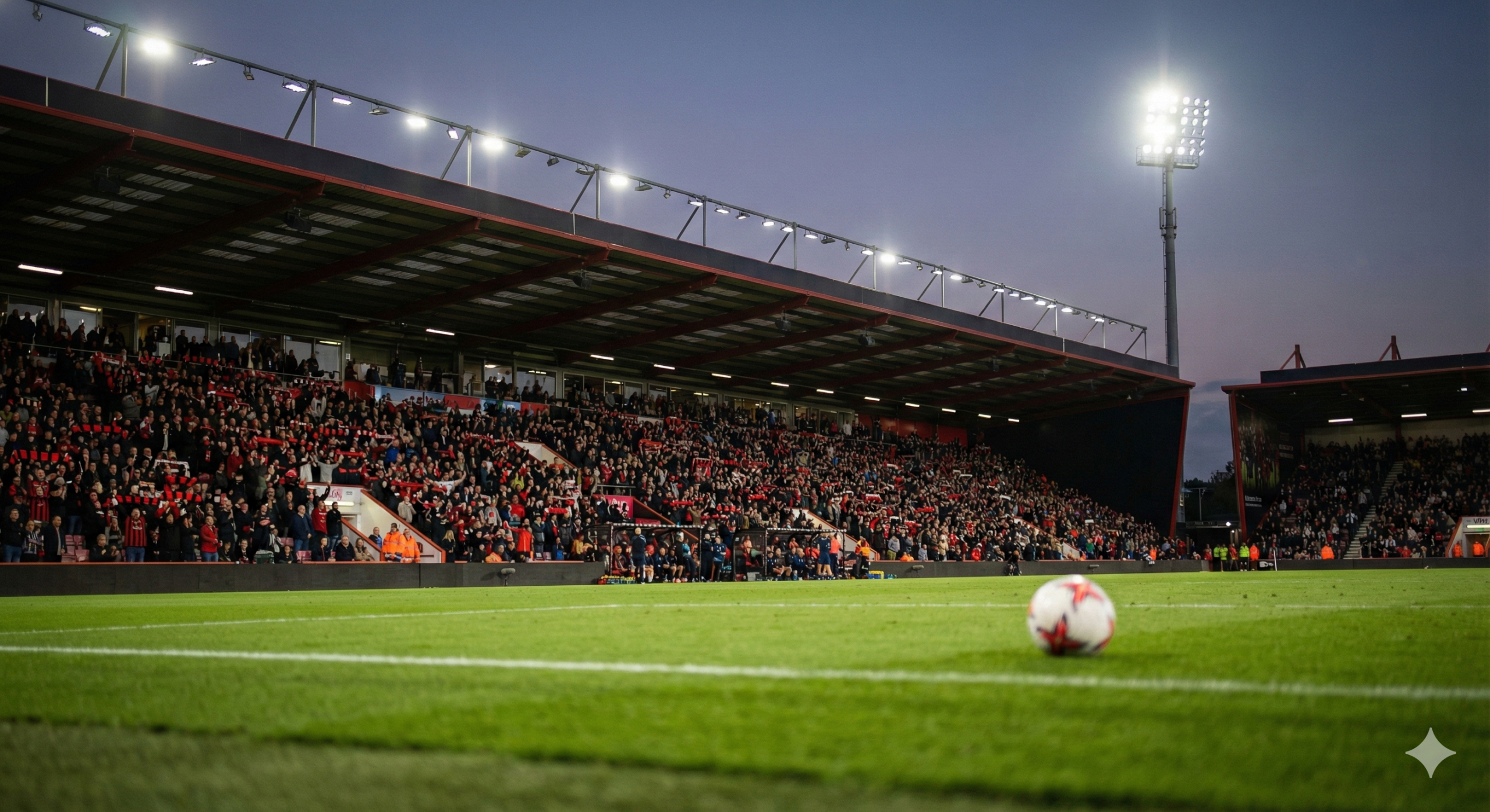 A cinematic, wide-angle shot of the Vitality Stadium (Dean Court) during an evening match, emphasizing the home ground advantage. The perspective shows the lush green football pitch glowing under the stadium lights, with the stands filled with Bournemouth supporters. In the foreground, a football is visible on the grass, or a blurred silhouette of a player in red and black prepares for a set-piece. The style is crisp and professional, highlighting the tactical anticipation and the challenge facing the visiting team, complementing the statistical analysis section of the article.