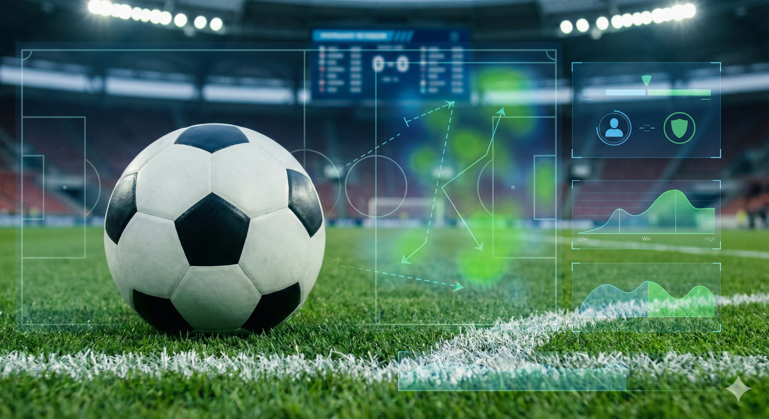 这是一张侧重于战术分析与数据预测的插图，用于文章中间部分。画面中心是一个特写的足球停在有着清晰白线的绿茵场上，视角低平，具有极强的临场感。背景是稍微失焦的球场看台和电子记分牌，营造出比赛即将开始的期待感。在画面上方或侧边巧妙融入半透明的数字化战术线条、对阵图标或胜率分析图表等视觉元素，色调偏向科技蓝与草地绿的结合，旨在辅助说明文章中关于10场比赛的详细比分预测和深度分析，风格专业、现代且客观。