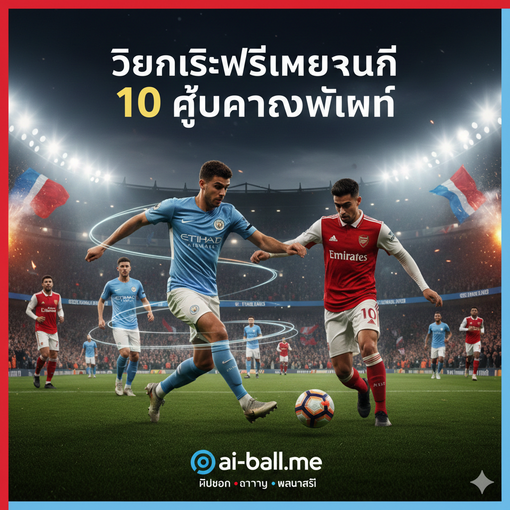 ภาพกราฟิกคุณภาพสูงแสดงบรรยากาศการแข่งขันฟุตบอลพรีเมียร์ลีกอังกฤษในช่วงกลางสัปดาห์ สนามฟุตบอลที่ส่องสว่างด้วยไฟสปอร์ตไลท์จ้า ตัดกับท้องฟ้ายามค่ำคืน โฟกัสไปที่นักเตะชื่อดังจากสโมสรชั้นนำอย่างอาร์เซนอลหรือแมนฯ ซิตี้ กำลังเลี้ยงลูกฟุตบอลด้วยความเร็วสูงเพื่อทำประตู พร้อมฉากหลังที่เป็นอัฒจันทร์ที่เต็มไปด้วยแฟนบอลกำลังโบกธงเชียร์อย่างบ้าคลั่ง สื่อถึงความเข้มข้นของการแย่งชิงแชมป์และการขับเคี่ยวคะแนนในช่วงเวลาสำคัญของฤดูกาล