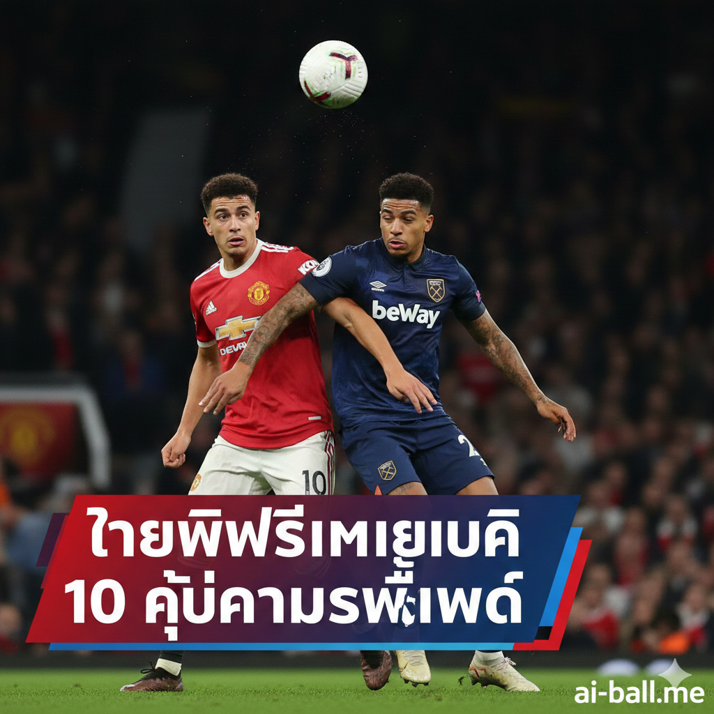 ภาพฉากการปะทะกันอย่างดุเดือดระหว่างนักเตะทีมแมนเชสเตอร์ ยูไนเต็ด ในชุดสีแดง และนักเตะเวสต์แฮม ยูไนเต็ด ในชุดทีมเยือน ทั้งสองฝ่ายกำลังกระโดดแย่งโหม่งบอลกลางอากาศในสนามโอลด์ แทรฟฟอร์ด บรรยากาศในสนามมีความกดดันและจริงจัง แสงไฟจากสนามสะท้อนลงบนลูกฟุตบอลและเม็ดเหงื่อของนักกีฬา แสดงให้เห็นถึงความสำคัญของเกมพรีเมียร์ลีกนัดนี้ที่ทั้งสองทีมต้องการคะแนนเพื่อไต่อันดับตารางคะแนนให้สูงขึ้น