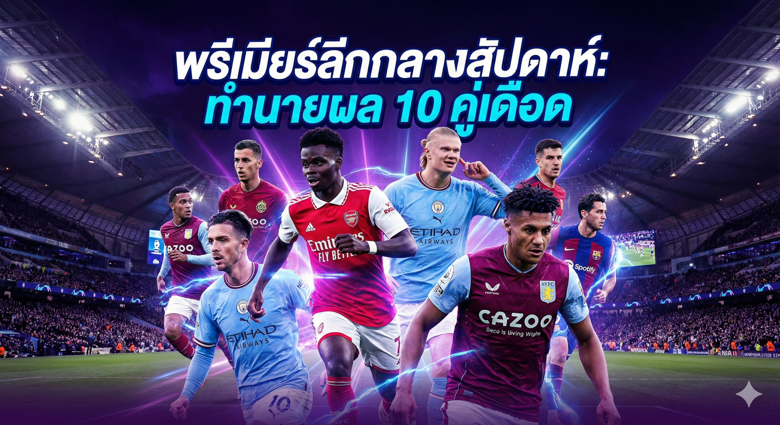 一张充满张力的英超联赛主题封面图,旨在突出周中激烈的赛程。画面中央由阿森纳、曼城和阿斯顿维拉等关键球队的明星球员组成动态拼贴,球员们展现出奔跑、庆祝或专注于比赛的神态。背景是标志性的英超体育场夜景,明亮的泛光灯光束穿透夜空,营造出周中夜场比赛特有的紧张氛围。整体色调融合了英超品牌的紫色、电光蓝以及草地的鲜绿,风格为高清写实体育摄影结合现代光影效果,极具视觉冲击力。