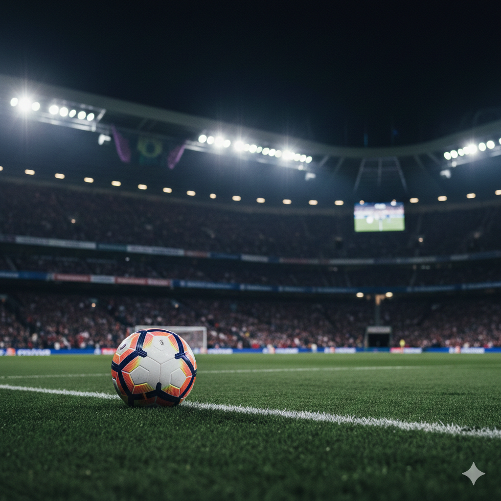 A cinematic, wide-angle shot of a majestic English football stadium at night under dazzling floodlights, representing the intensity of midweek Premier League fixtures. In the foreground, a professional match ball sits on the pristine, deep green grass. The background features blurred stands packed with fans, creating a bokeh effect of lights and colors. The overall color palette uses deep navy blues, electric purples, and vibrant greens to evoke the official Premier League visual identity. The style is hyper-realistic 8k sports photography with dramatic lighting and high contrast.