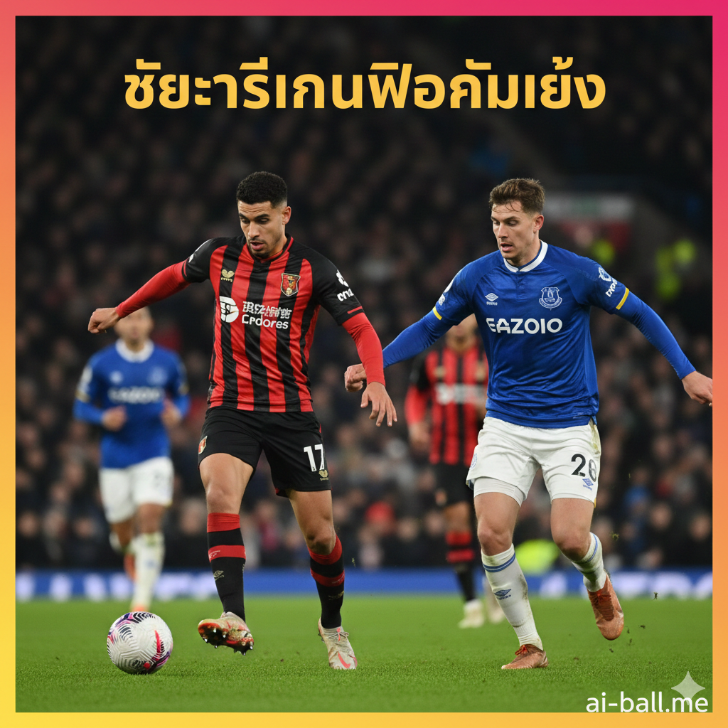 A high-action cinematic shot featuring key players from AFC Bournemouth and Everton FC in a tense duel at Vitality Stadium. The scene captures a Bournemouth player in their iconic red and black striped kit dribbling past an Everton defender in a classic royal blue jersey. The stadium lighting is bright and dramatic, with a slight motion blur to emphasize speed. In the background, enthusiastic fans are visible under the night sky, creating a professional Premier League matchday atmosphere. The colors are vibrant with high contrast, focusing on the team colors against the pitch.