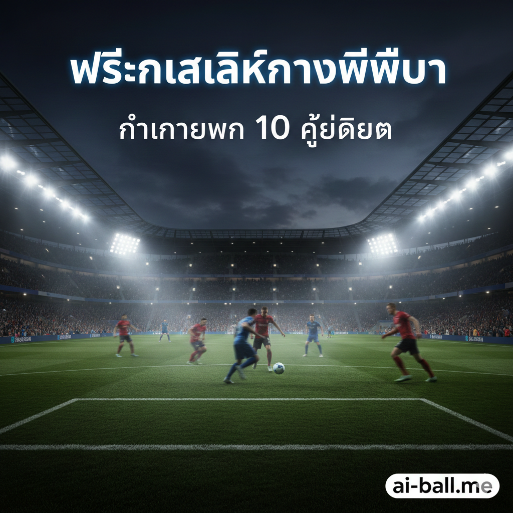 A dynamic high-angle cinematic wide shot of a modern Premier League stadium illuminated by bright floodlights under a night sky. In the center, several blurred silhouettes of professional football players in red, blue, and white kits are competing for a glowing ball. The atmosphere is intense with a faint mist rising from the perfectly manicured green grass. The color palette features deep stadium shadows contrasted with vibrant stadium lights, neon accents, and a sense of motion. Professional sports photography style, high contrast, ultra-detailed textures, and a dramatic composition that emphasizes the excitement of a midweek matchday.