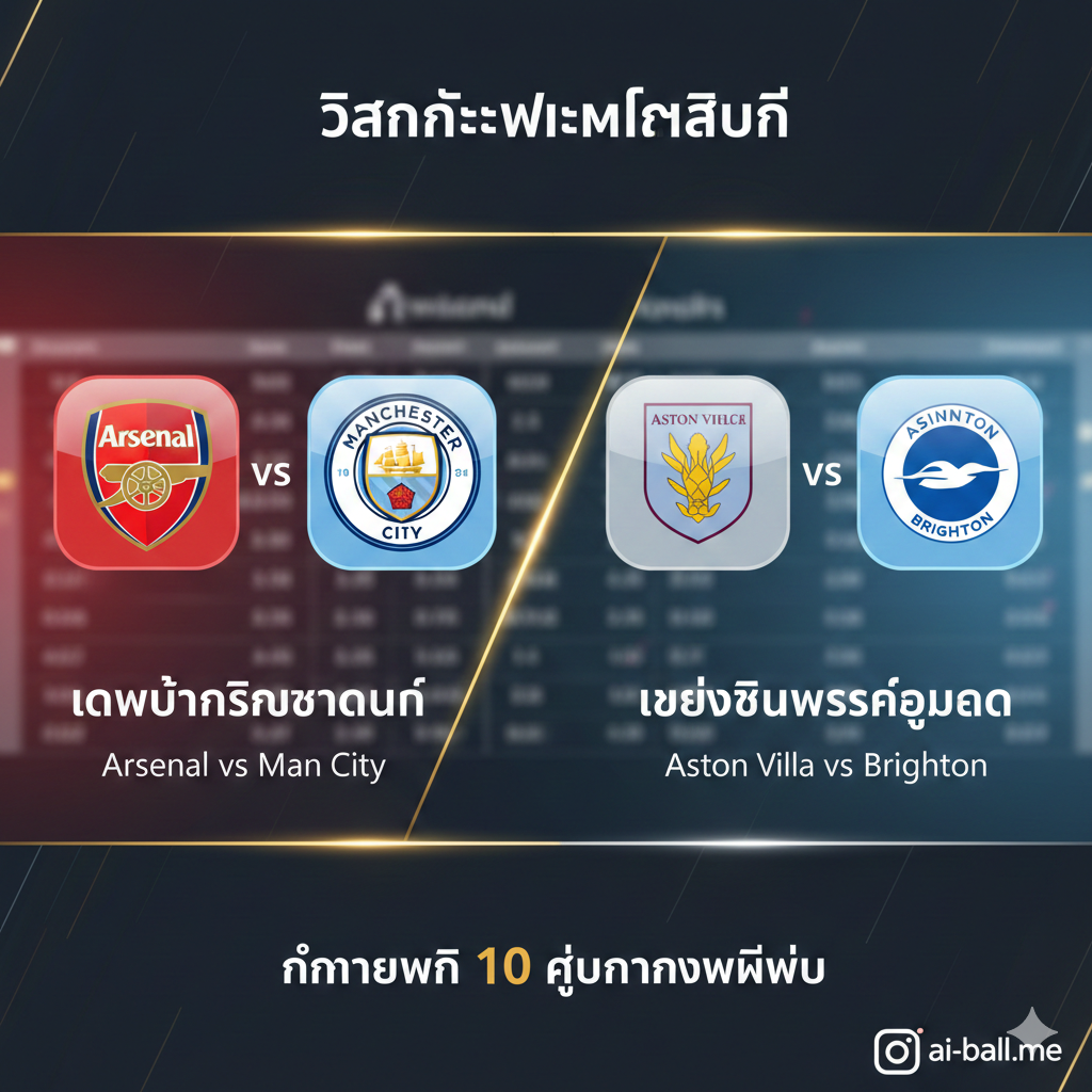 A split-screen style visual representing the intense title race and top-four battle. On one side, stylized symbols of Arsenal (Red and White) and Manchester City (Sky Blue) are featured prominently against a backdrop of a blurred league table. On the other side, icons representing Aston Villa and Brighton represent the fight for European spots. The design uses 3D glass-textured icons, glowing light streaks in gold and silver, and sharp typography elements. The composition is balanced and modern, using a cool-toned background with warm highlights to symbolize the high stakes of the predictions, suitable for a sports analysis website.