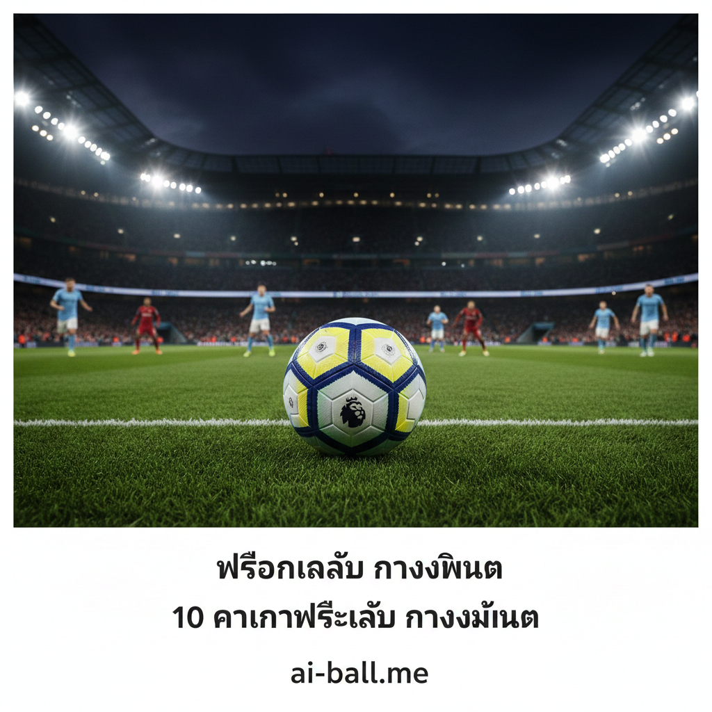 A dynamic high-angle shot of a modern Premier League stadium illuminated under bright floodlights at night. In the center, a high-quality soccer ball with the official league logo sits on the lush green grass. Blurred silhouettes of players from top teams like Arsenal, Man City, and Liverpool are visible in the background, creating an atmosphere of intense competition. The color palette features vibrant greens, deep blues, and stadium whites, with a professional cinematic sports photography style and a shallow depth of field.