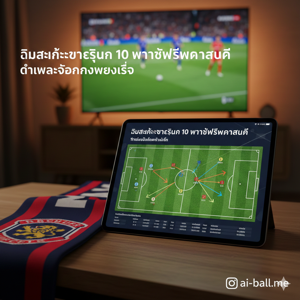 A close-up view of a digital tablet screen displaying detailed football tactical analysis and player statistics, placed on a wooden table next to a scarf in the colors of a top English club. The background shows a blurry television screen broadcasting a live football match. The lighting is warm and moody, suggesting a fan or analyst's home setting. The image uses sharp focus on the digital screen and soft bokeh for the background, incorporating rich textures and a high-contrast color scheme of red, blue, and grass green.