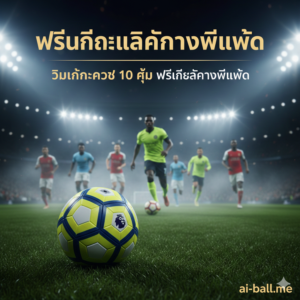 A high-energy cinematic wide shot of a modern Premier League stadium under bright floodlights at night. In the foreground, a professional football with the Premier League logo sits on the lush green grass. In the blurred background, silhouettes of players from various top clubs like Arsenal, Man City, and Liverpool are seen in action. The atmosphere is electric with stadium mist and a vibrant color palette of deep blue, neon green, and bright white light. The composition is dynamic, using a low-angle perspective to emphasize the scale and excitement of a midweek matchday.