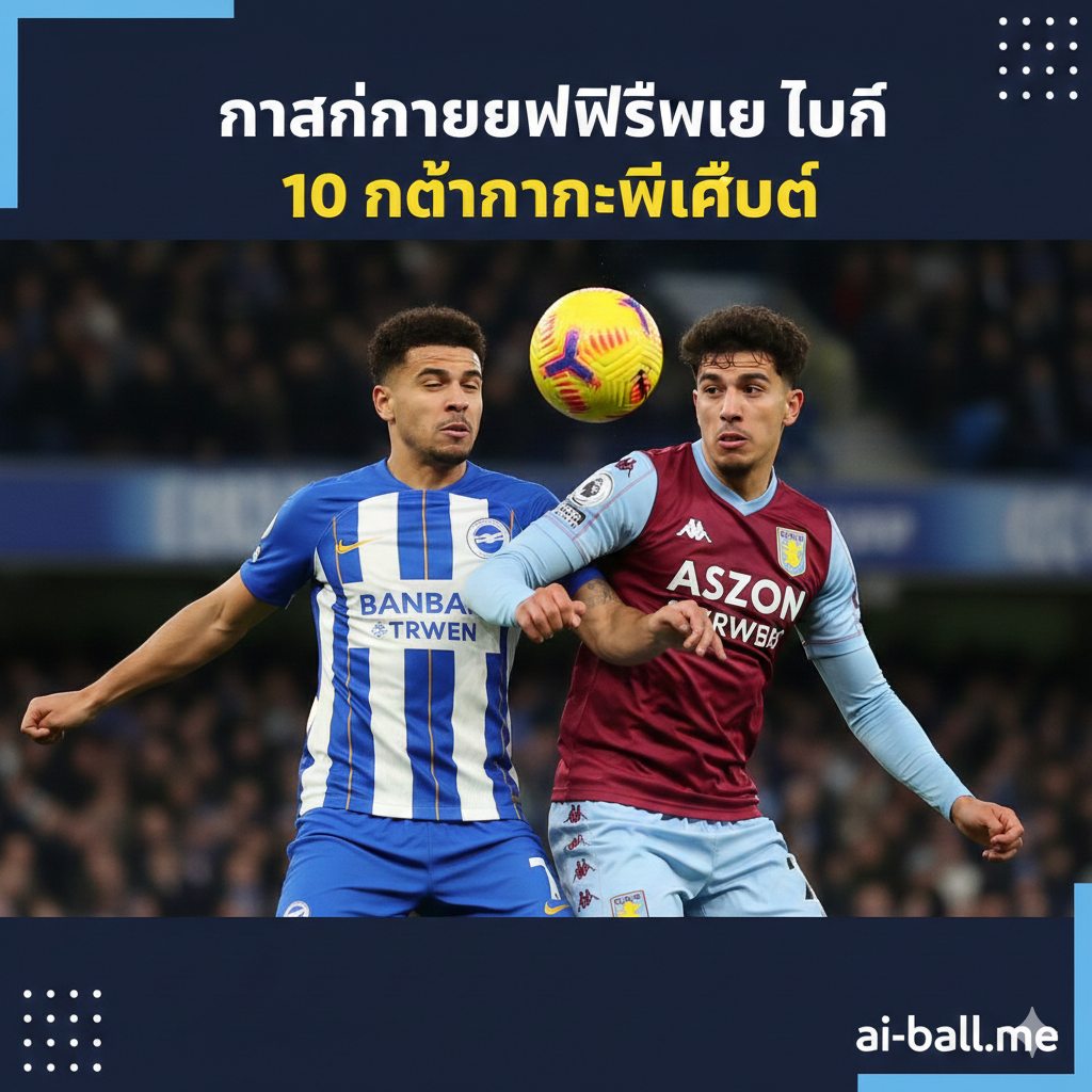 A focused action shot representing the intense tactical battle between Brighton and Aston Villa. Two players in high-quality kits—one in blue and white stripes, the other in claret and blue—are seen competing for a header against a backdrop of a cheering crowd. The lighting is dramatic, highlighting the sweat and determination on their faces. The color scheme emphasizes the contrast between the two team colors. The composition uses a shallow depth of field to keep the focus sharp on the players, symbolizing the fight for the top four positions in the league table.