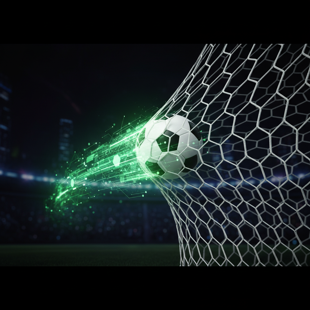 Soccer ball with data trail flying into a net